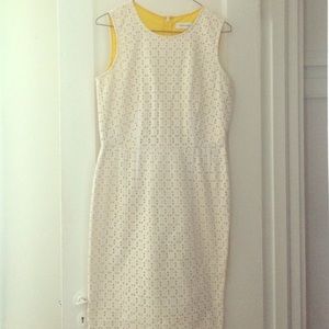 Calvin Klein white eyelet, yellow sheath dress